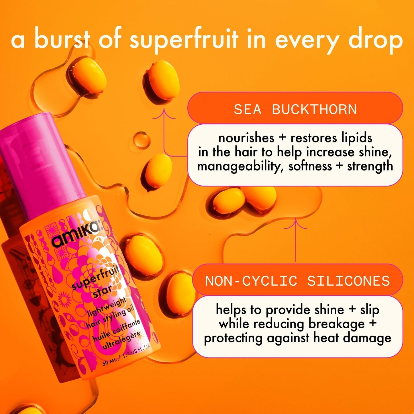 amika | superfruit star lightweight hair styling + heat defense oil (50ml)