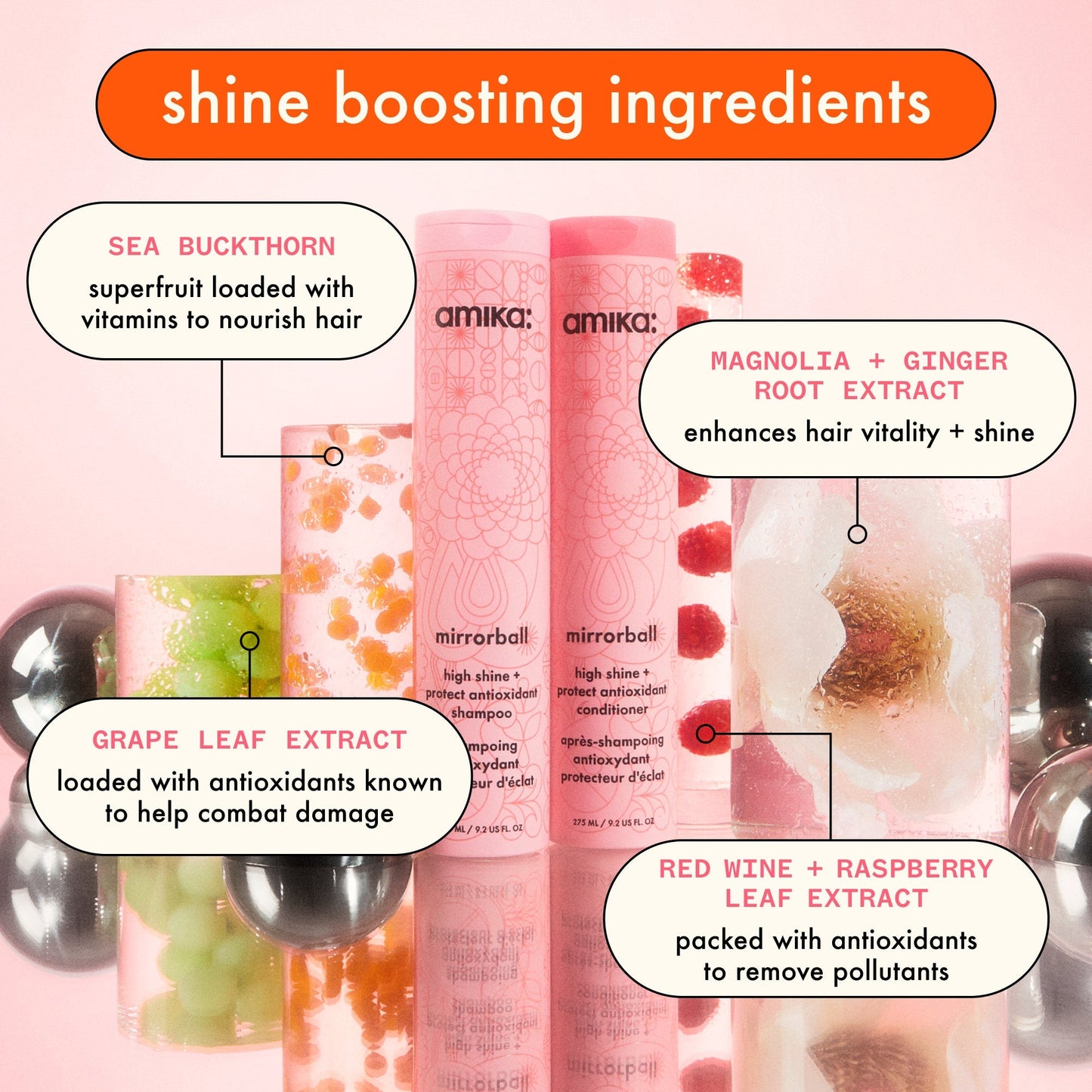 amika | mirrorball high shine + protect antioxidant shampoo (275ml)