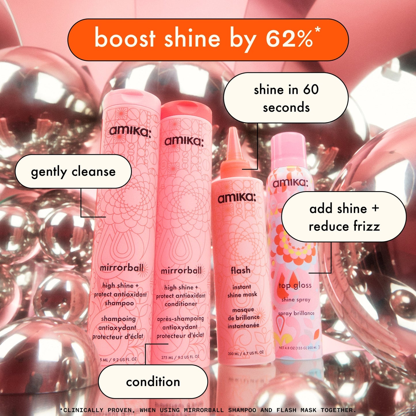 amika | mirrorball high shine + protect antioxidant shampoo (275ml)